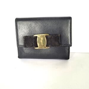 Salvatore Ferragamo Bow Wallet Leather Navy Blue Small Compact Card Bill Purse